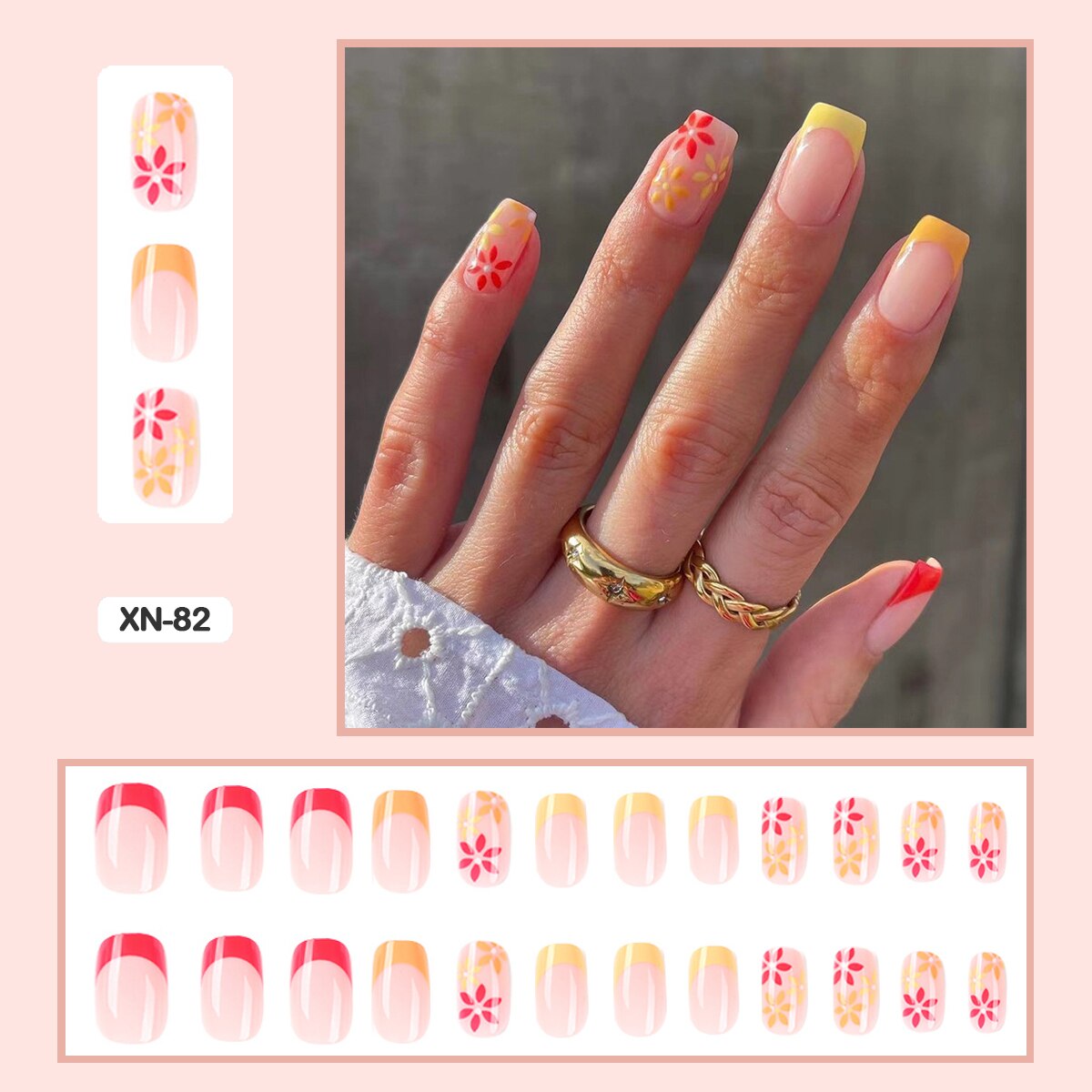24pcs Girlish Colorful Graffiti Nail Art Fake Nails With Glue Pink Purple Short Press on False Nails With Wearing Tools XN-82