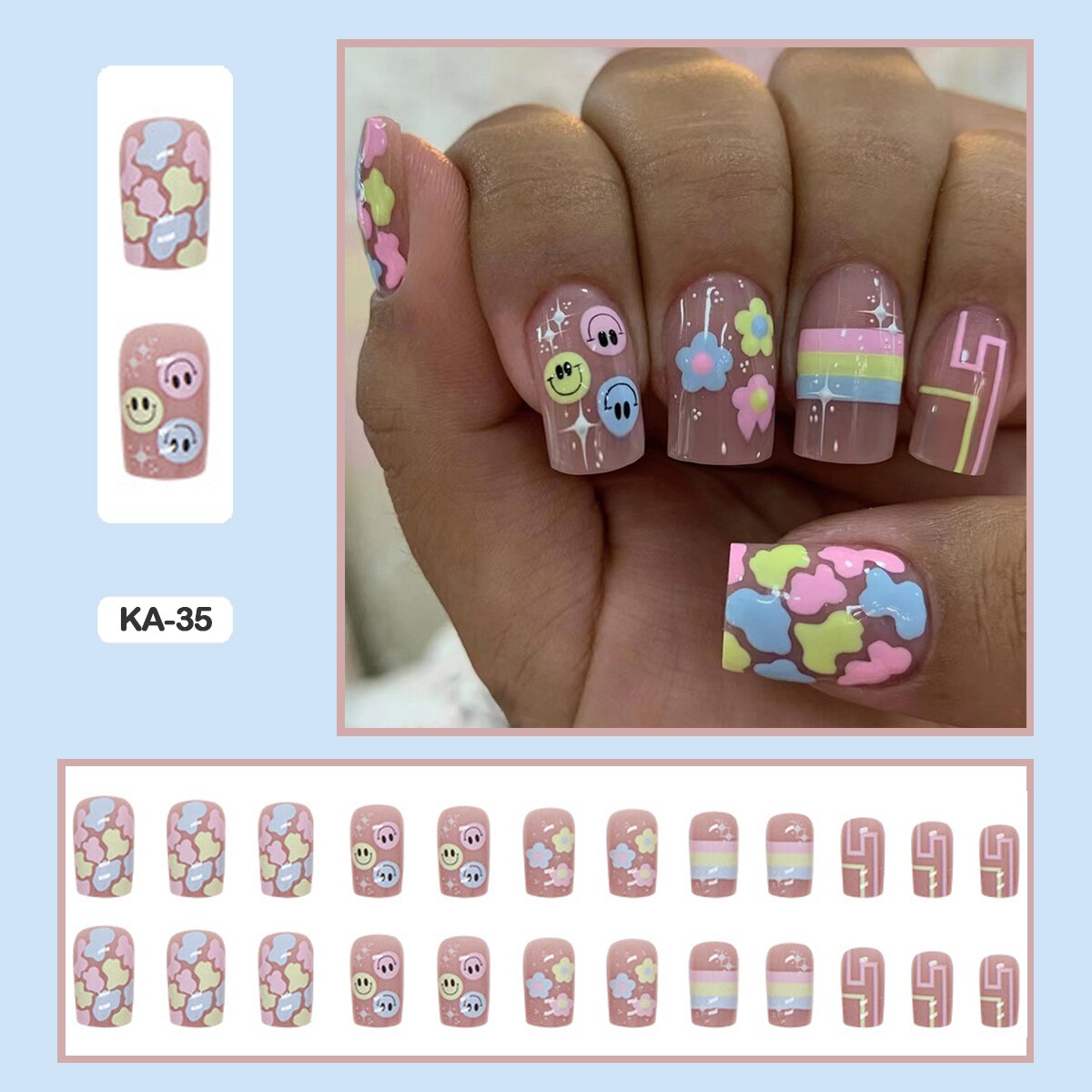 24pcs Girlish Colorful Graffiti Nail Art Fake Nails With Glue Pink Purple Short Press on False Nails With Wearing Tools KA-35