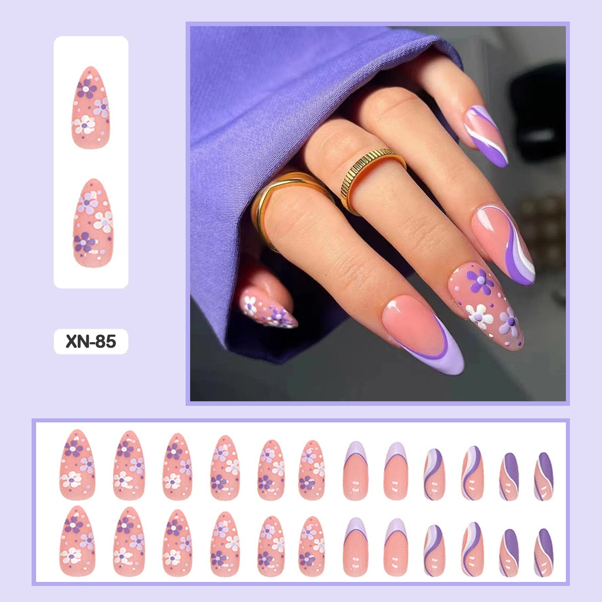24pcs Girlish Colorful Graffiti Nail Art Fake Nails With Glue Pink Purple Short Press on False Nails With Wearing Tools XN-85