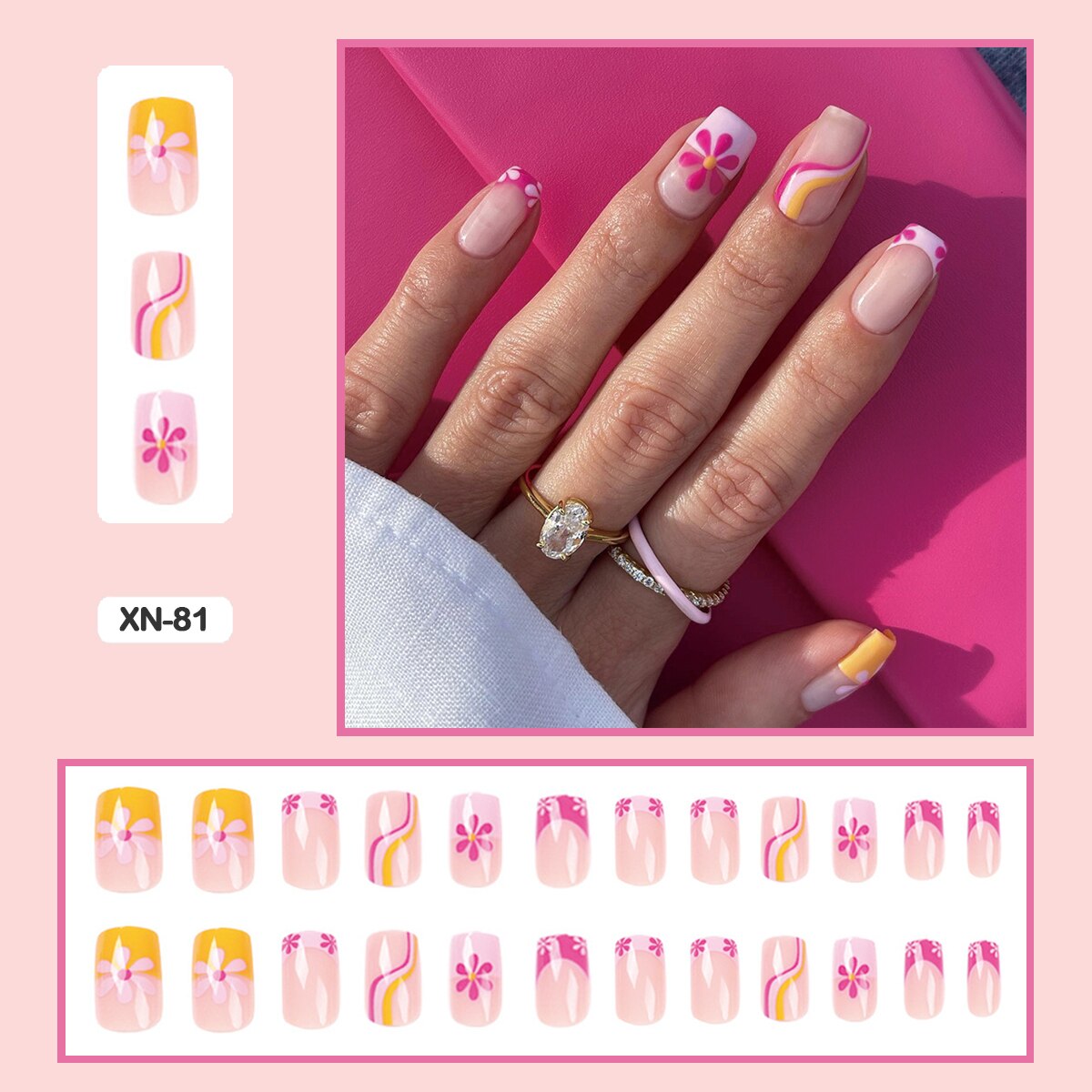 24pcs Girlish Colorful Graffiti Nail Art Fake Nails With Glue Pink Purple Short Press on False Nails With Wearing Tools XN-81