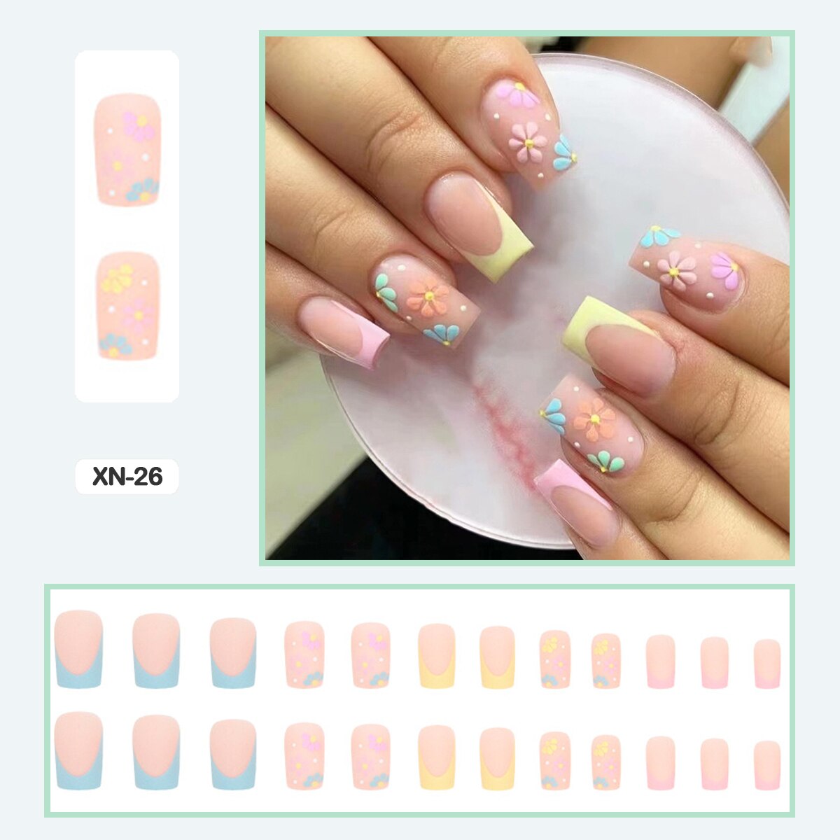 24pcs Girlish Colorful Graffiti Nail Art Fake Nails With Glue Pink Purple Short Press on False Nails With Wearing Tools XN-26