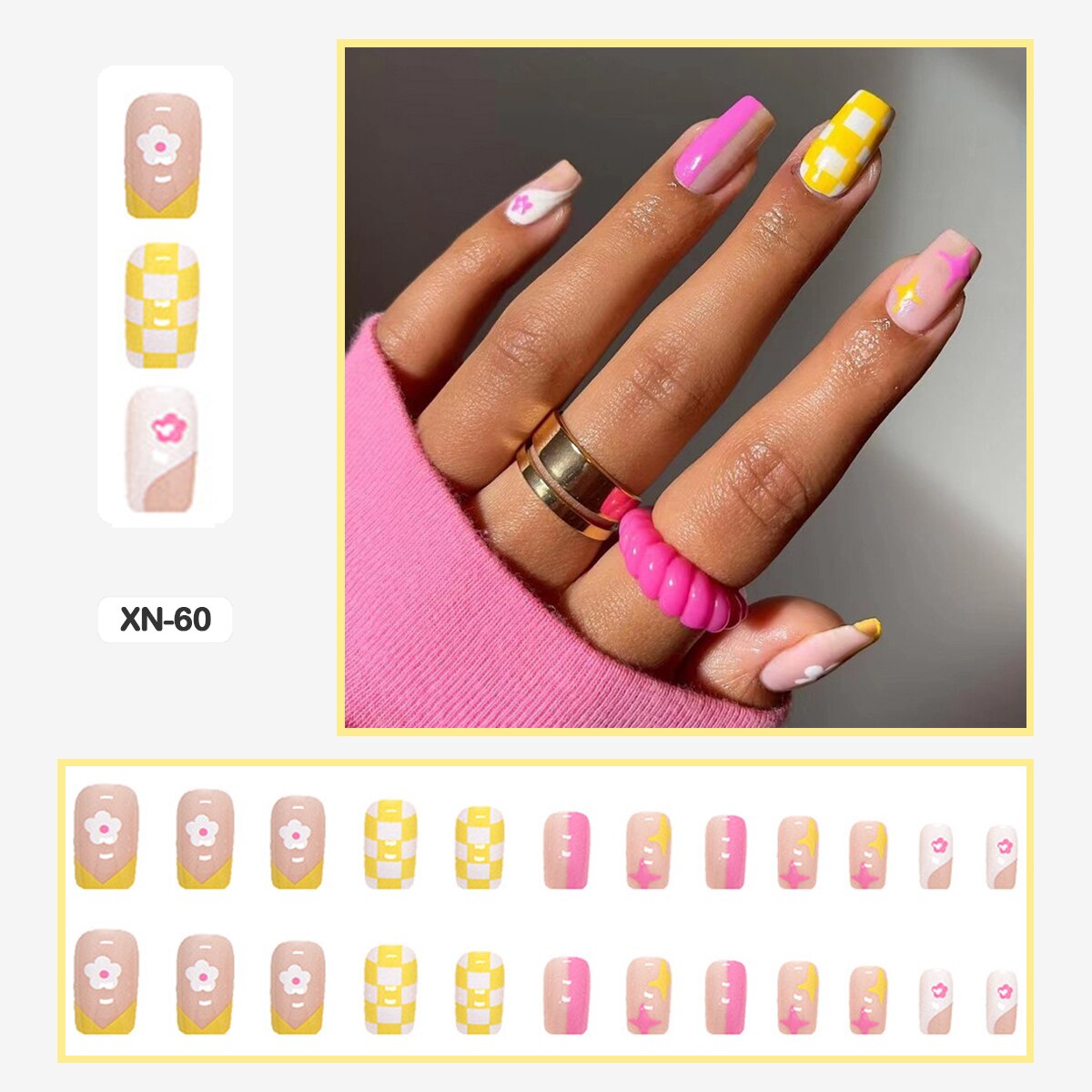 24pcs Girlish Colorful Graffiti Nail Art Fake Nails With Glue Pink Purple Short Press on False Nails With Wearing Tools XN-60