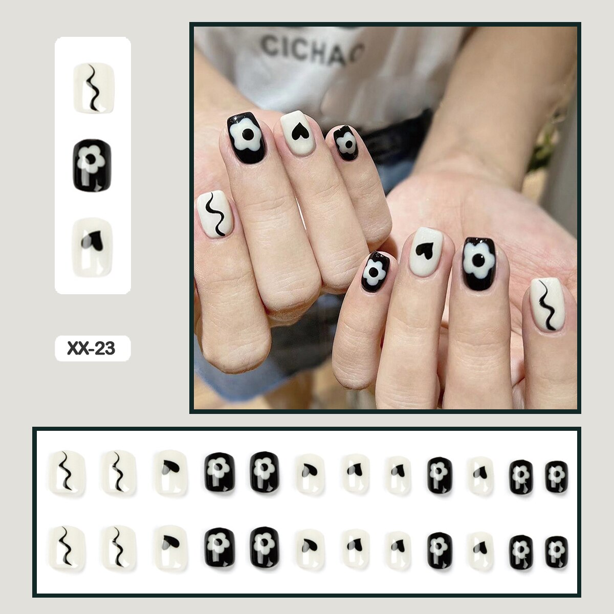 24pcs Girlish Colorful Graffiti Nail Art Fake Nails With Glue Pink Purple Short Press on False Nails With Wearing Tools XX-23