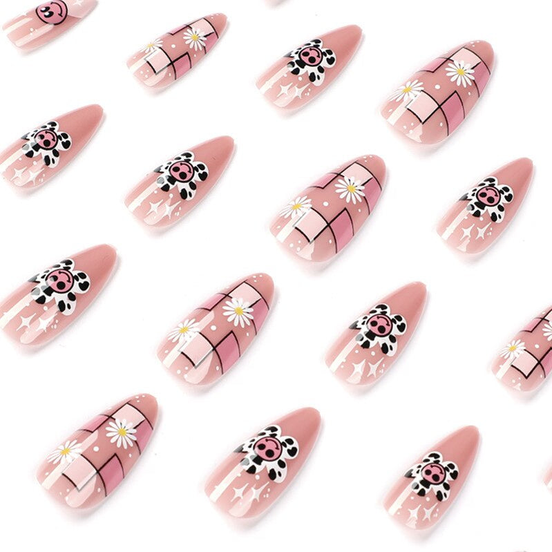 24pcs Girlish Colorful Graffiti Nail Art Fake Nails With Glue Pink Purple Short Press on False Nails With Wearing Tools