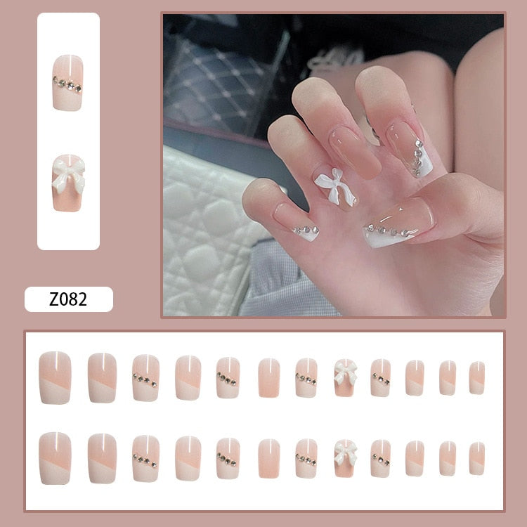 24pcs Glitter Gold Diamond False Nails French Butterfly Design Press on Nail Wearable Full Cover Acrylic Nail Tips for Girls Spain N36