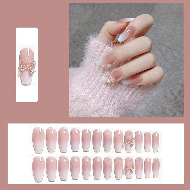 24pcs Glitter Gold Diamond False Nails French Butterfly Design Press on Nail Wearable Full Cover Acrylic Nail Tips for Girls Spain N29