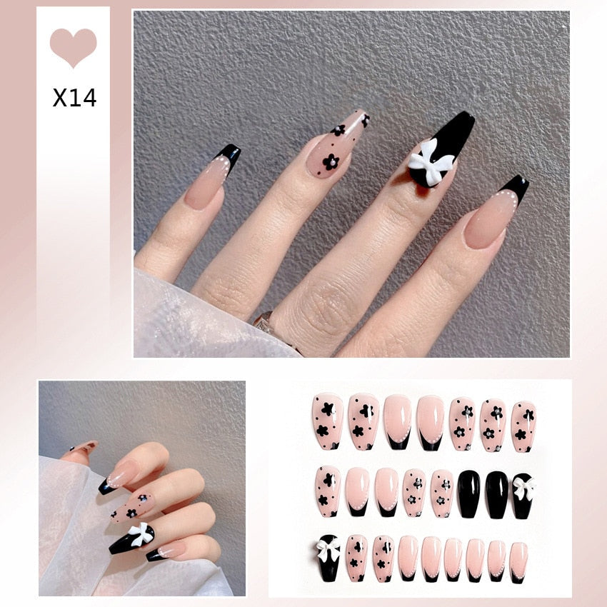 24pcs Glitter Gold Diamond False Nails French Butterfly Design Press on Nail Wearable Full Cover Acrylic Nail Tips for Girls Spain N24