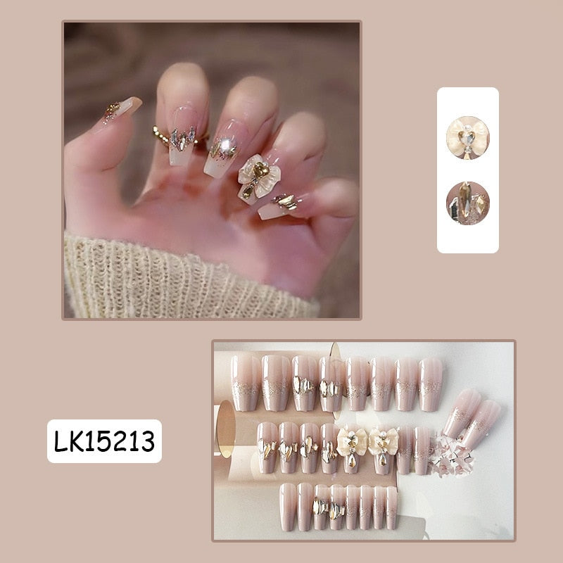 24pcs Glitter Gold Diamond False Nails French Butterfly Design Press on Nail Wearable Full Cover Acrylic Nail Tips for Girls Spain N2