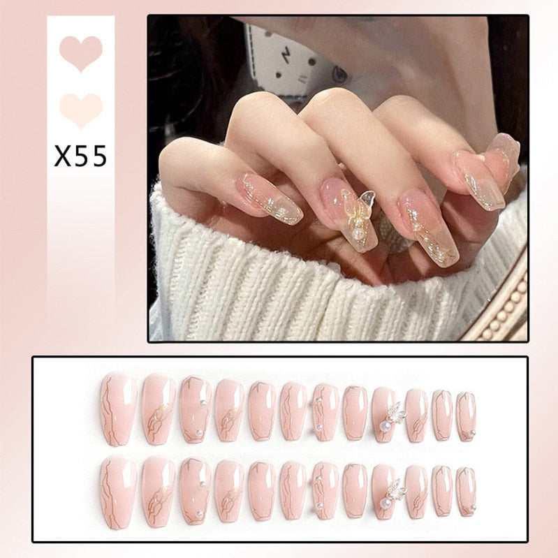 24pcs Glitter Gold Diamond False Nails French Butterfly Design Press on Nail Wearable Full Cover Acrylic Nail Tips for Girls Spain N6