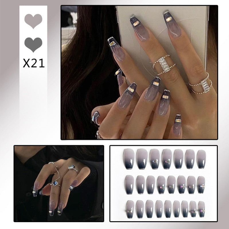 24pcs Glitter Gold Diamond False Nails French Butterfly Design Press on Nail Wearable Full Cover Acrylic Nail Tips for Girls Spain N7