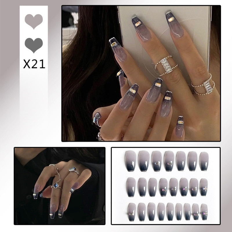 24pcs Glitter Gold Diamond False Nails French Butterfly Design Press on Nail Wearable Full Cover Acrylic Nail Tips for Girls Spain N7