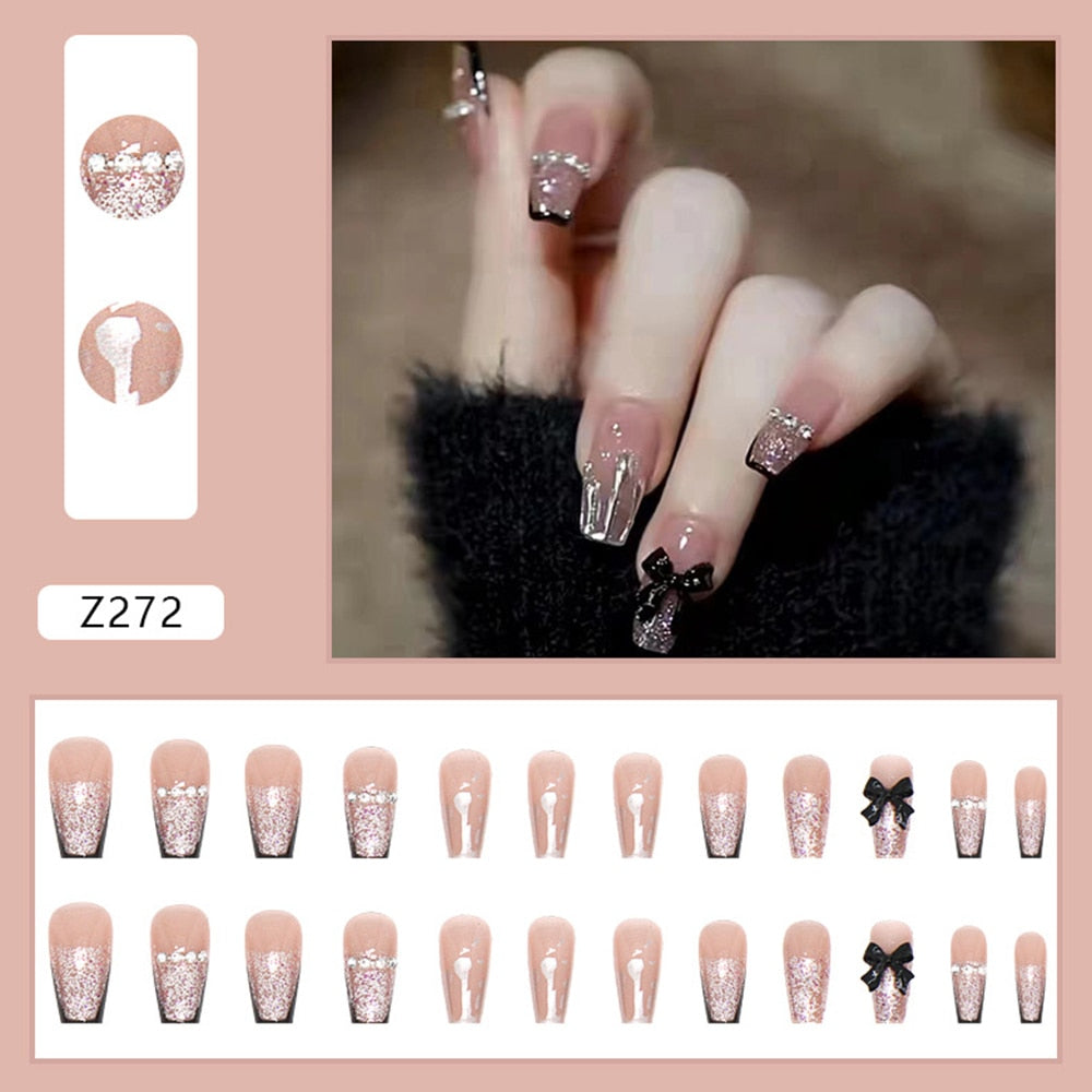 24pcs Glitter Gold Diamond False Nails French Butterfly Design Press on Nail Wearable Full Cover Acrylic Nail Tips for Girls Spain N9