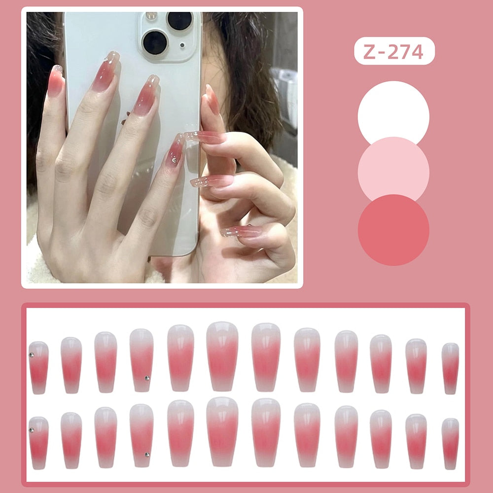 24pcs Glitter Gold Diamond False Nails French Butterfly Design Press on Nail Wearable Full Cover Acrylic Nail Tips for Girls Spain N35