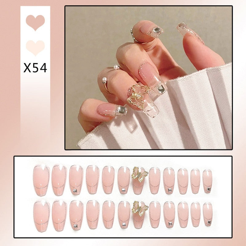 24pcs Glitter Gold Diamond False Nails French Butterfly Design Press on Nail Wearable Full Cover Acrylic Nail Tips for Girls Spain N1