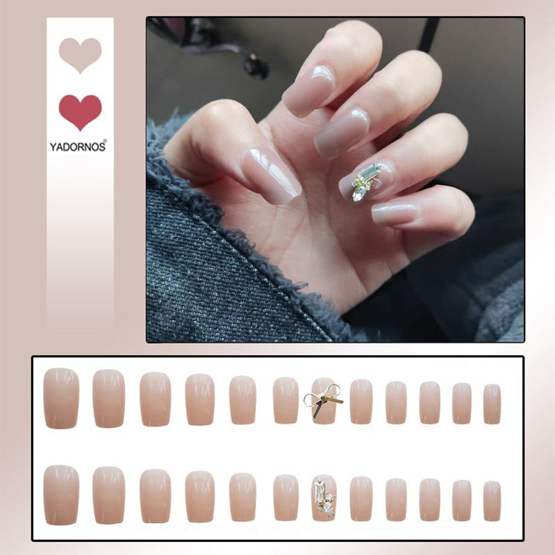 24pcs Glitter Gold Diamond False Nails French Butterfly Design Press on Nail Wearable Full Cover Acrylic Nail Tips for Girls Spain N33