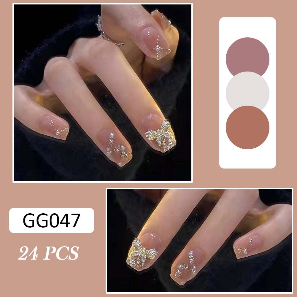 24pcs Glitter Gold Diamond False Nails French Butterfly Design Press on Nail Wearable Full Cover Acrylic Nail Tips for Girls Spain N10