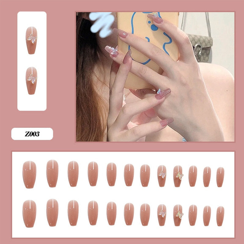 24pcs Glitter Gold Diamond False Nails French Butterfly Design Press on Nail Wearable Full Cover Acrylic Nail Tips for Girls Spain N39