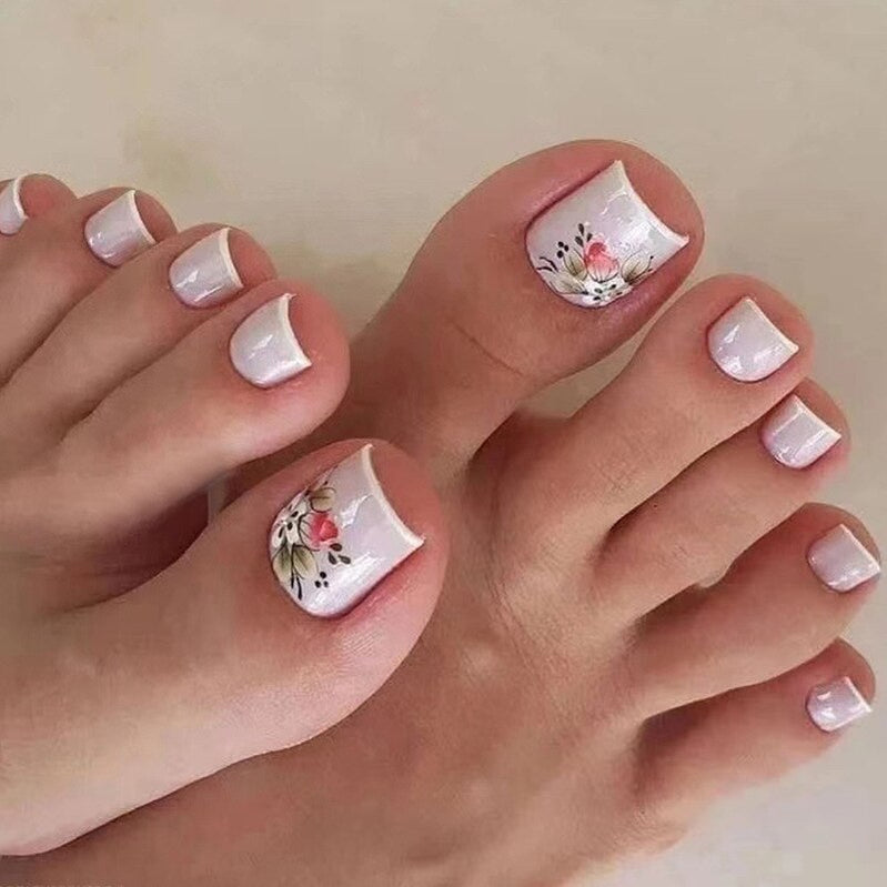 24pcs Ins Flowers Press On Toenails Full Cover French Style Summer Flower Design Beach Acrylic Toe Nail Patch For girls Women Spain 18