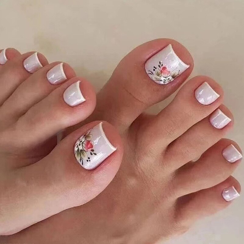 24pcs Ins Flowers Press On Toenails Full Cover French Style Summer Flower Design Beach Acrylic Toe Nail Patch For girls Women Spain 18