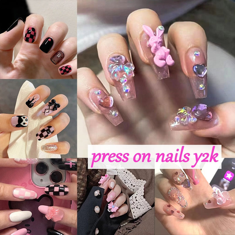 24pcs Kawaii Press on Nails y2k False Nails Set Rhinestone Acrylic Artificial Nails with Design Reusable french Long Fake Tips