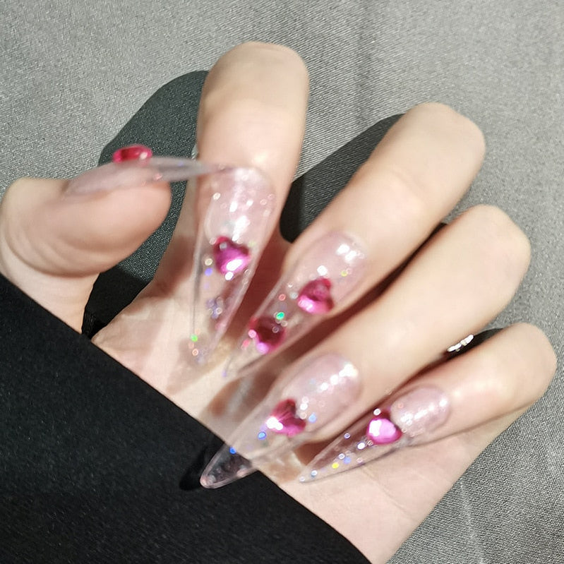 24pcs Kawaii Press on Nails y2k False Nails Set Rhinestone Acrylic Artificial Nails with Design Reusable french Long Fake Tips QX587