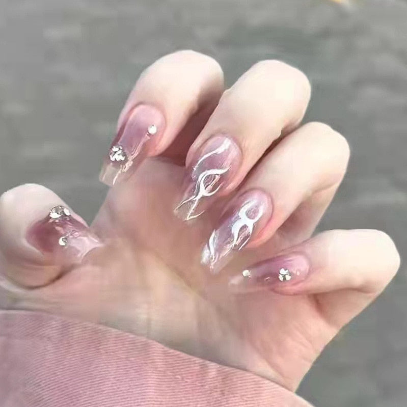 24pcs Kawaii Press on Nails y2k False Nails Set Rhinestone Acrylic Artificial Nails with Design Reusable french Long Fake Tips QX257