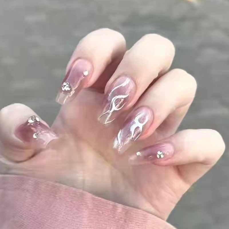 24pcs Kawaii Press on Nails y2k False Nails Set Rhinestone Acrylic Artificial Nails with Design Reusable french Long Fake Tips QX257