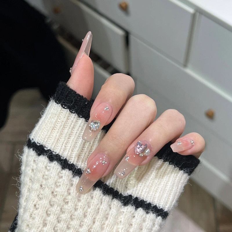 24pcs Kawaii Press on Nails y2k False Nails Set Rhinestone Acrylic Artificial Nails with Design Reusable french Long Fake Tips QX176