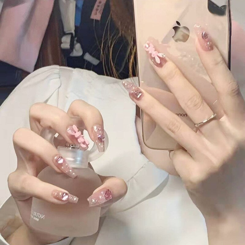 24pcs Kawaii Press on Nails y2k False Nails Set Rhinestone Acrylic Artificial Nails with Design Reusable french Long Fake Tips