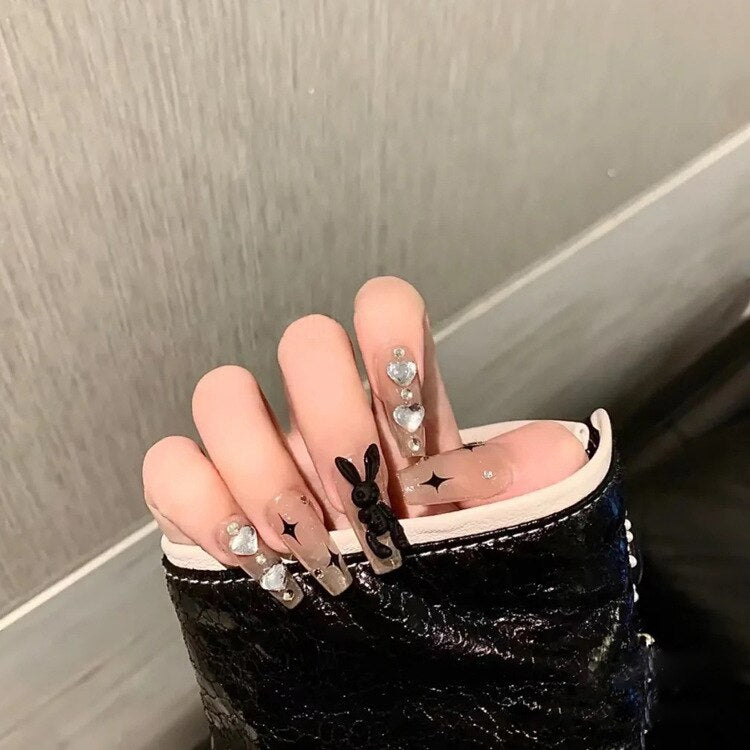24pcs Kawaii Press on Nails y2k False Nails Set Rhinestone Acrylic Artificial Nails with Design Reusable french Long Fake Tips QX588