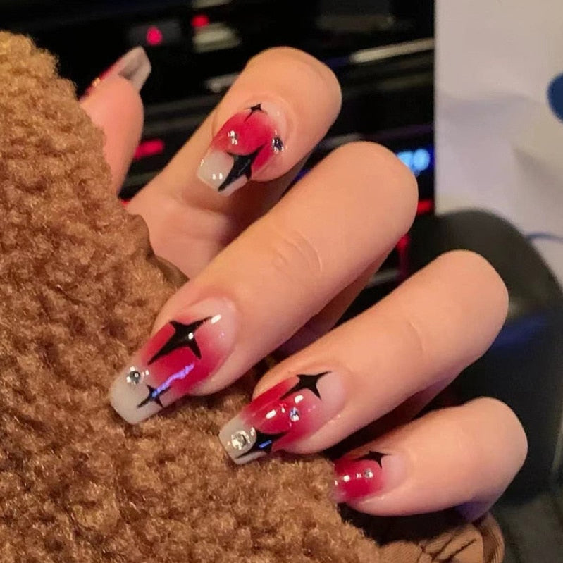 24pcs Kawaii Press on Nails y2k False Nails Set Rhinestone Acrylic Artificial Nails with Design Reusable french Long Fake Tips QX118