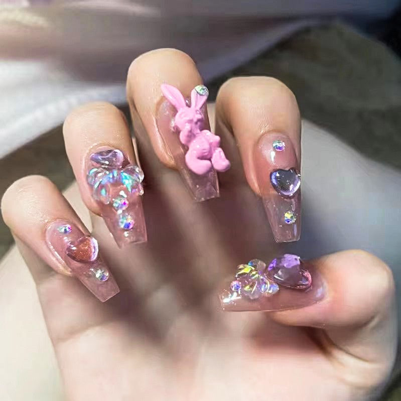 24pcs Kawaii Press on Nails y2k False Nails Set Rhinestone Acrylic Artificial Nails with Design Reusable french Long Fake Tips QX1302