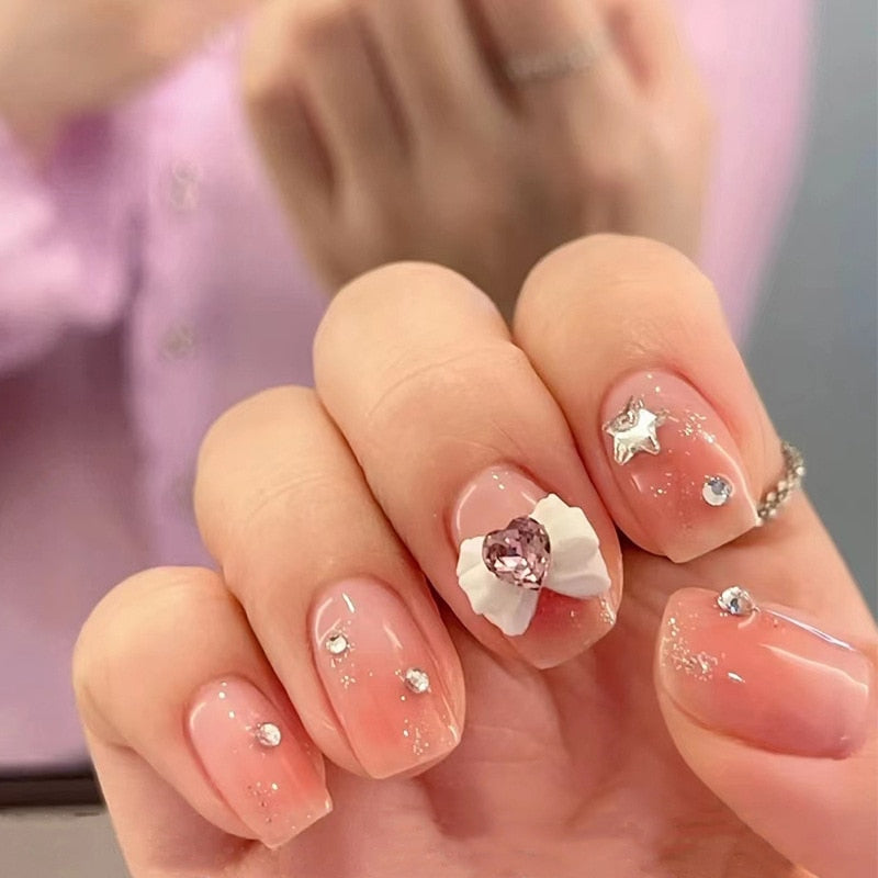 24pcs Kawaii Press on Nails y2k False Nails Set Rhinestone Acrylic Artificial Nails with Design Reusable french Long Fake Tips LK15132