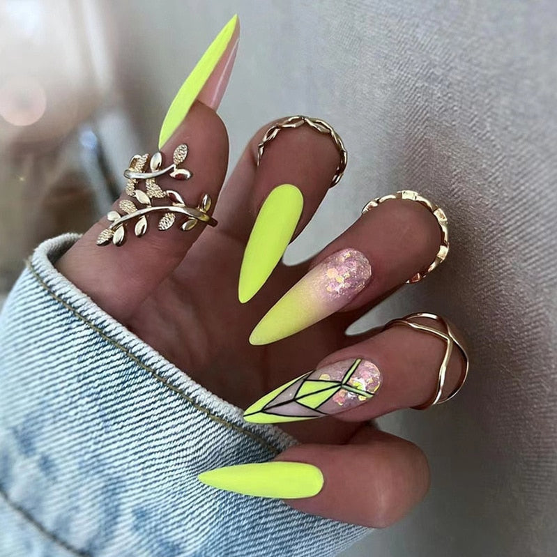 24pcs Light Green Stripe Gradient Wearing Fake Nails Seamless Removable Full Cover Long False Nails Press On Nails With Designs W240