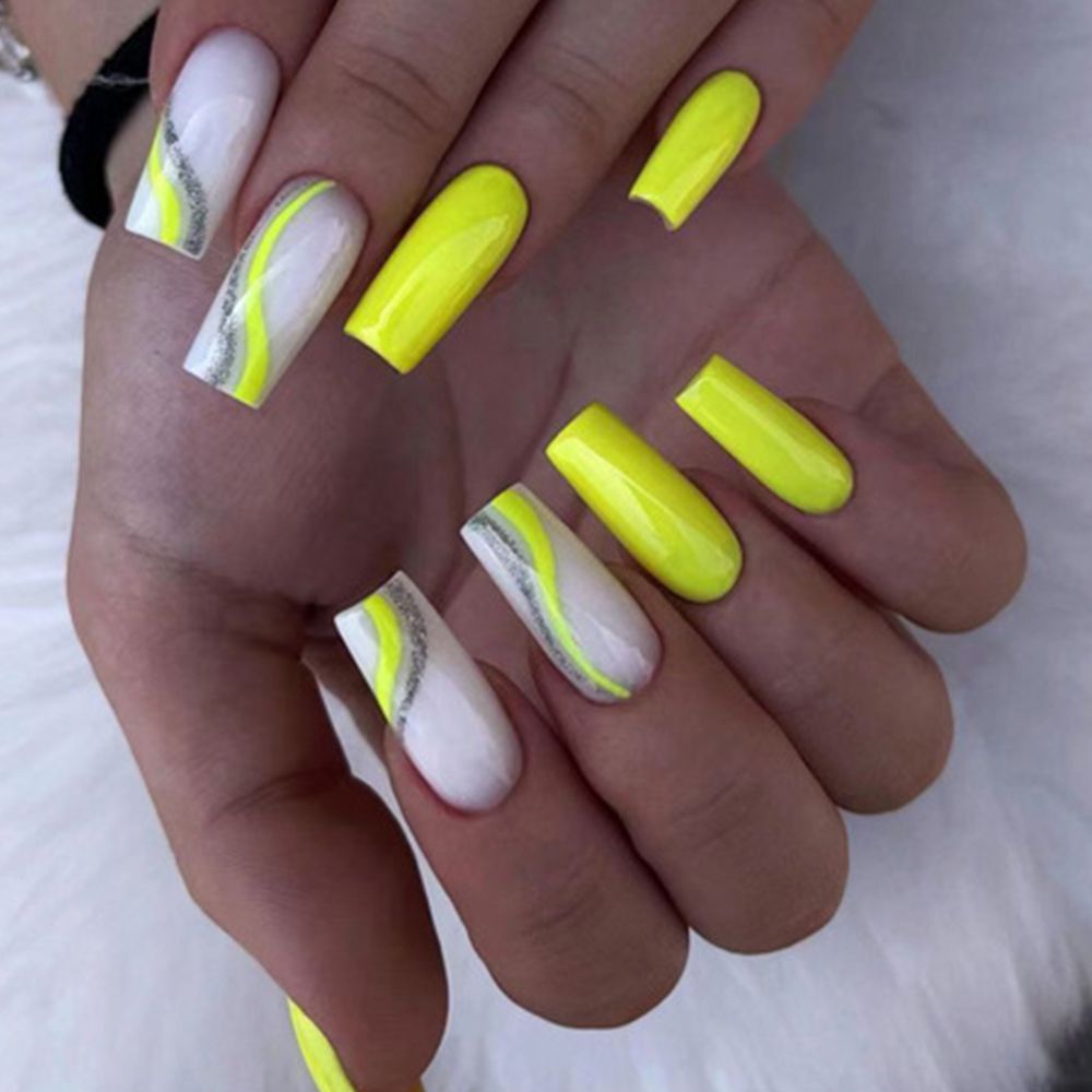 24pcs Long Ballerina French False Nails Love Heart Green Halo Dyed Gold Thread Fake Nail Press on Nails Full Cover Nail Tips B3