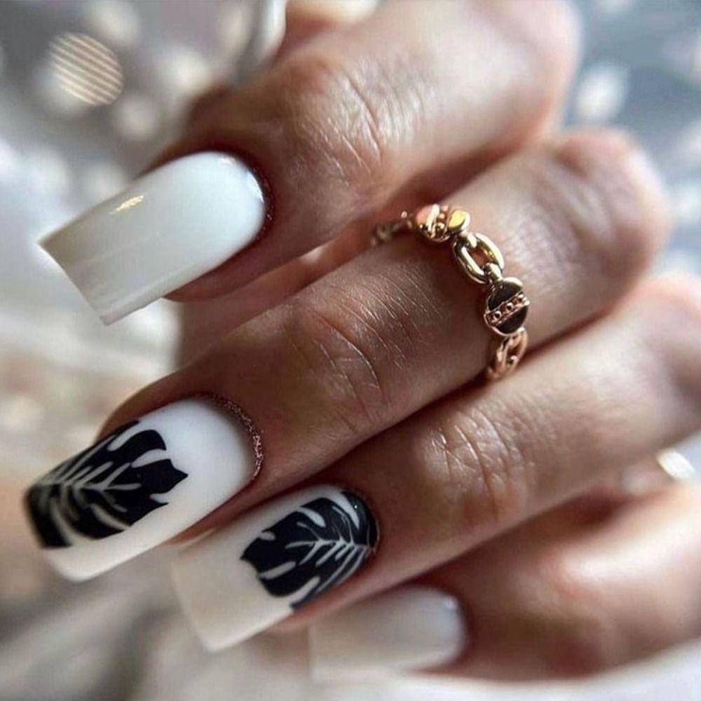 24pcs Long Ballerina Square Fake Nails French Black Line Eyes False Nails Full Cover Nail Tips Press On Nails DIY Manicure 2