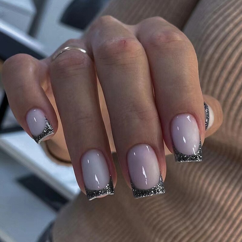 24pcs Long Ballerina Square Fake Nails French Black Line Eyes False Nails Full Cover Nail Tips Press On Nails DIY Manicure 19