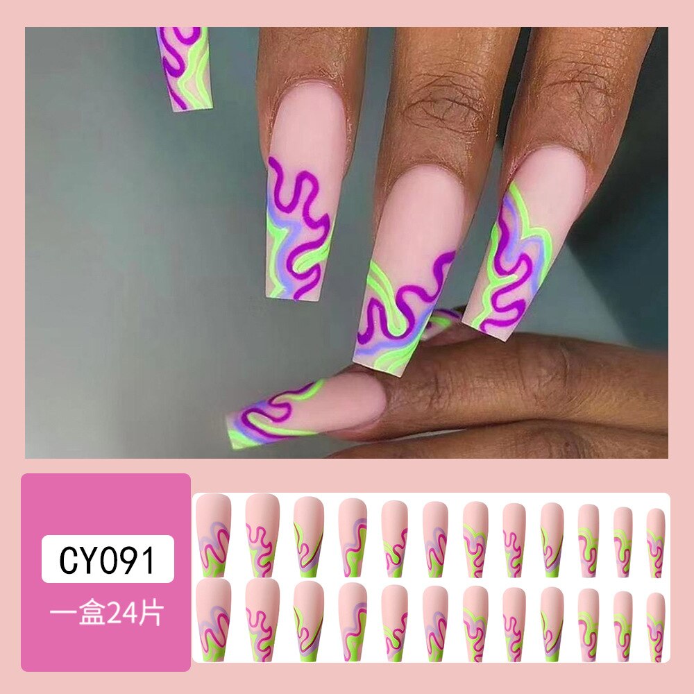 24pcs Long Ballet False Nail Full Cover Fake Nail Grey White Marble Design Nails Tip French Coffin Nails Press On Nails 2