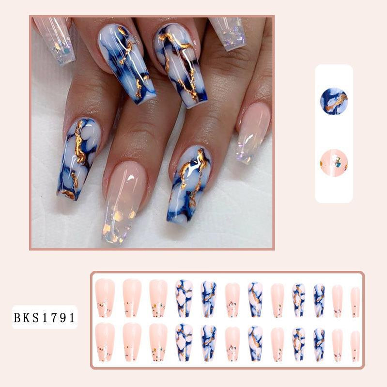 24pcs Long Ballet False Nail Full Cover Fake Nail Grey White Marble Design Nails Tip French Coffin Nails Press On Nails 12