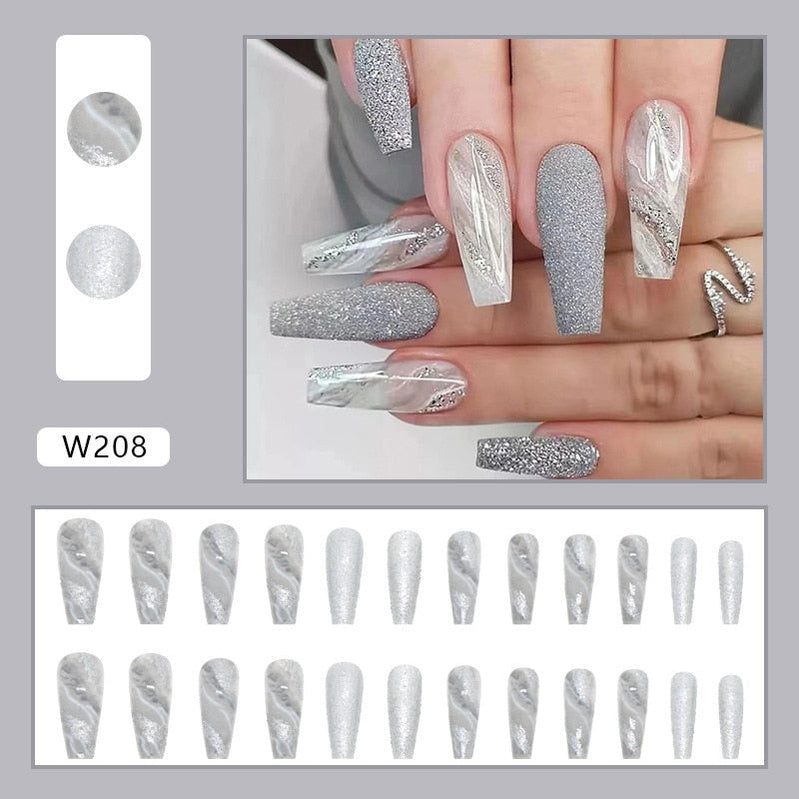 24pcs Long Ballet False Nail Full Cover Fake Nail Grey White Marble Design Nails Tip French Coffin Nails Press On Nails 1