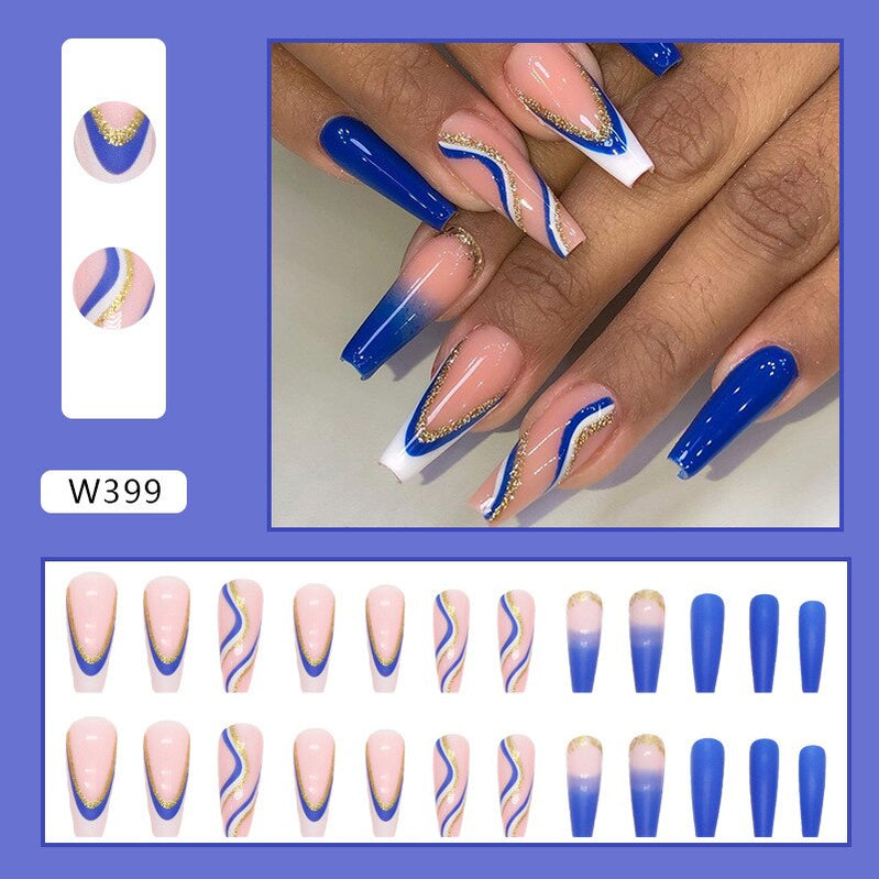 24pcs Long Ballet False Nail Full Cover Fake Nail Grey White Marble Design Nails Tip French Coffin Nails Press On Nails C1