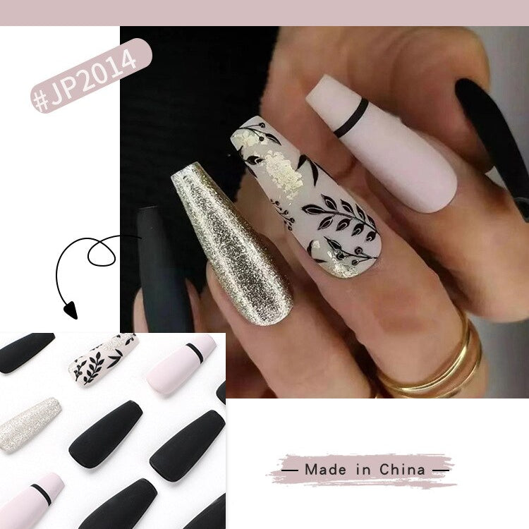 24pcs Long Ballet False Nail Full Cover Fake Nail Grey White Marble Design Nails Tip French Coffin Nails Press On Nails b15