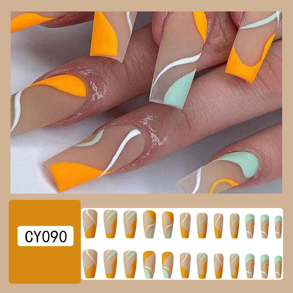 24pcs Long Ballet False Nail Full Cover Fake Nail Grey White Marble Design Nails Tip French Coffin Nails Press On Nails 3