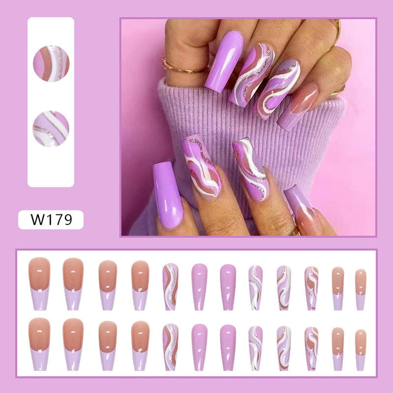 24pcs Long Ballet False Nail Full Cover Fake Nail Grey White Marble Design Nails Tip French Coffin Nails Press On Nails b5