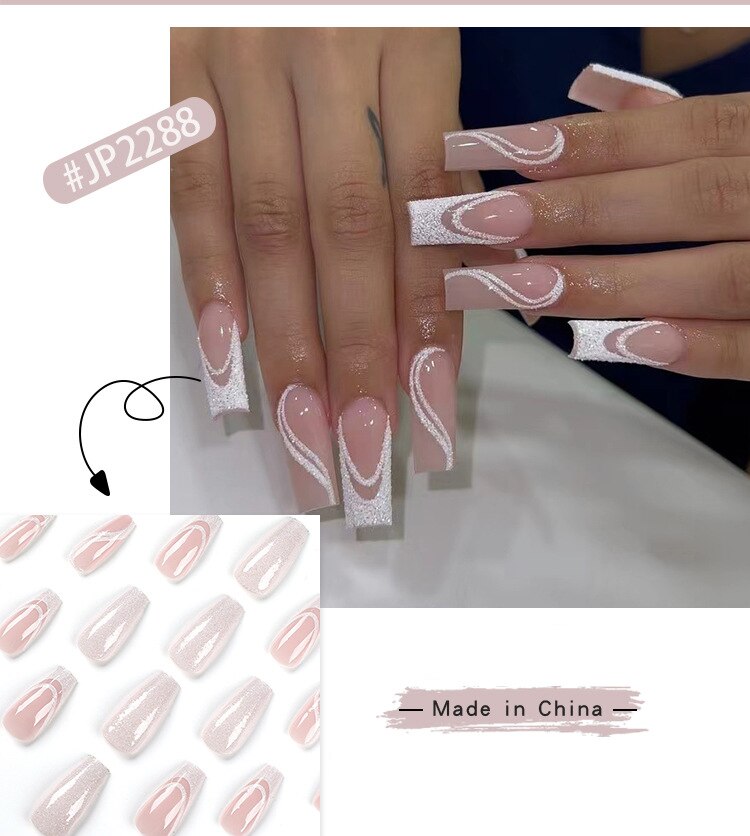 24pcs Long Ballet False Nail Full Cover Fake Nail Grey White Marble Design Nails Tip French Coffin Nails Press On Nails C2