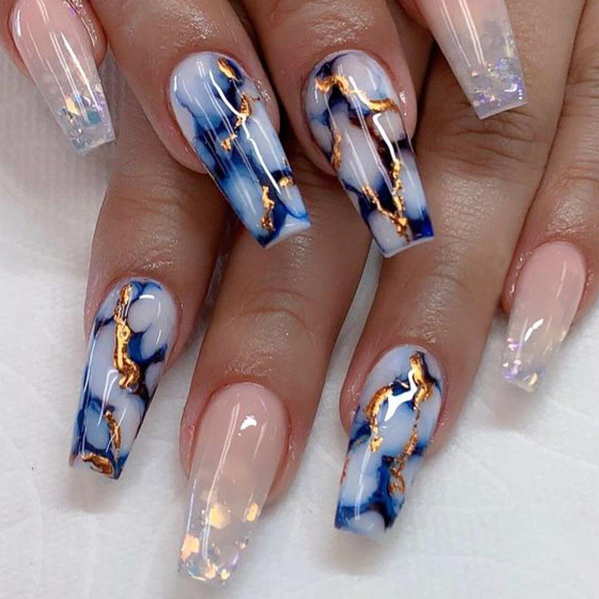 24pcs Long Ballet False Nail Full Cover Fake Nail Grey White Marble Design Nails Tip French Coffin Nails Press On Nails