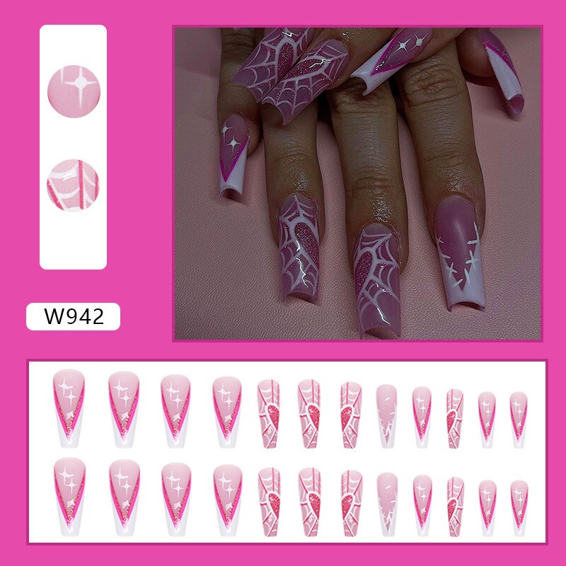24pcs Long Ballet False Nail Full Cover Fake Nail Grey White Marble Design Nails Tip French Coffin Nails Press On Nails 10