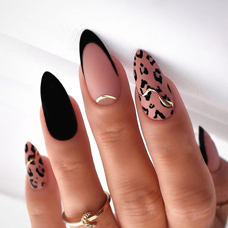 24pcs Long Stiletto False Nails wave Peals decorated Wearable French Fake Nails Press On Nails Leopard print Almond Manicure Tip 253