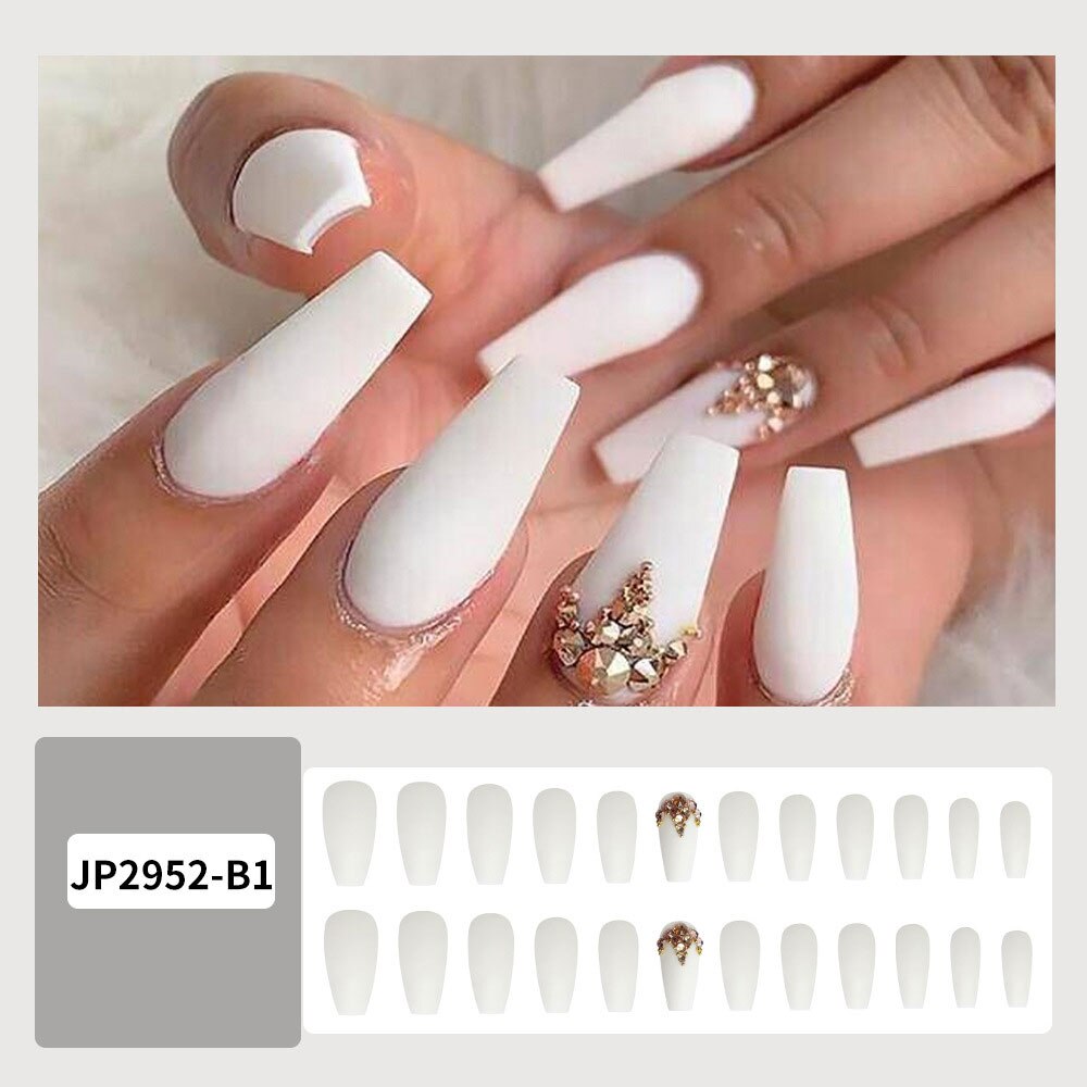 24pcs Matte Fake Nails Extra Long Ballerina Coffin Dark Blue Colorful Rhinestone Decals False Nails with designs Nail Art B6