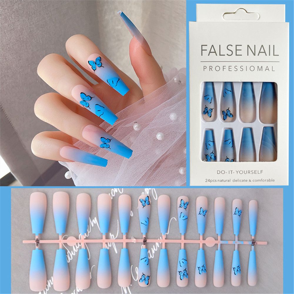 24pcs Matte Fake Nails Extra Long Ballerina Coffin Dark Blue Colorful Rhinestone Decals False Nails with designs Nail Art A7